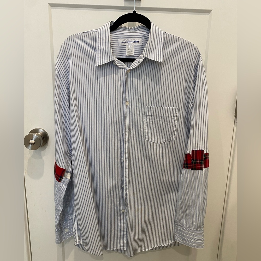 COMME DES GARCONS SHIRT MEN’S LG STRIPE SHIRT WITH WOOL PATCHES, GREAT COND.